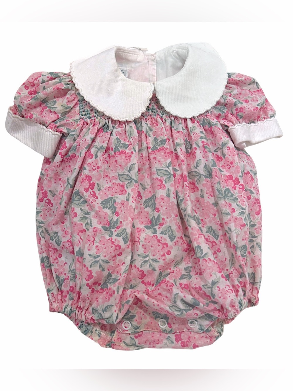 Laura Ashley Pink Floral Bubble Romper with White Peter Pan Collar